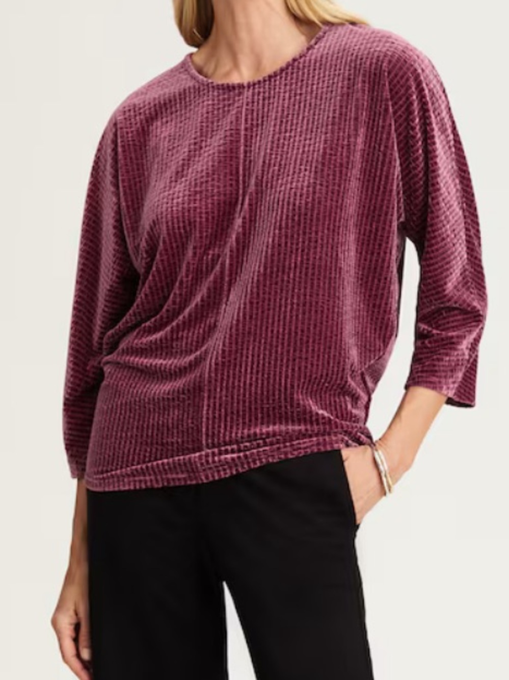J. Jill Wearever Crushed-Velvet Wedge Top Plum Velvet Ribbed Lagenlook Size 2X.
